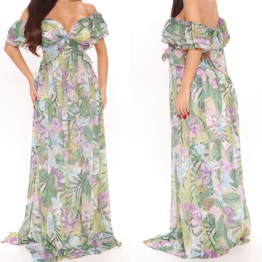 Tropical Print Chiffon Maxi Dress